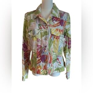 Floral Linen Blend Women's Jacket - Green Multi